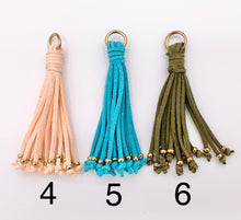 Load image into Gallery viewer, 4 inches Faux Suede Tassel with Gold Beads Beautiful Handmade Tassel in Black, Brown, Peach, Blue, Green 1 PAIR