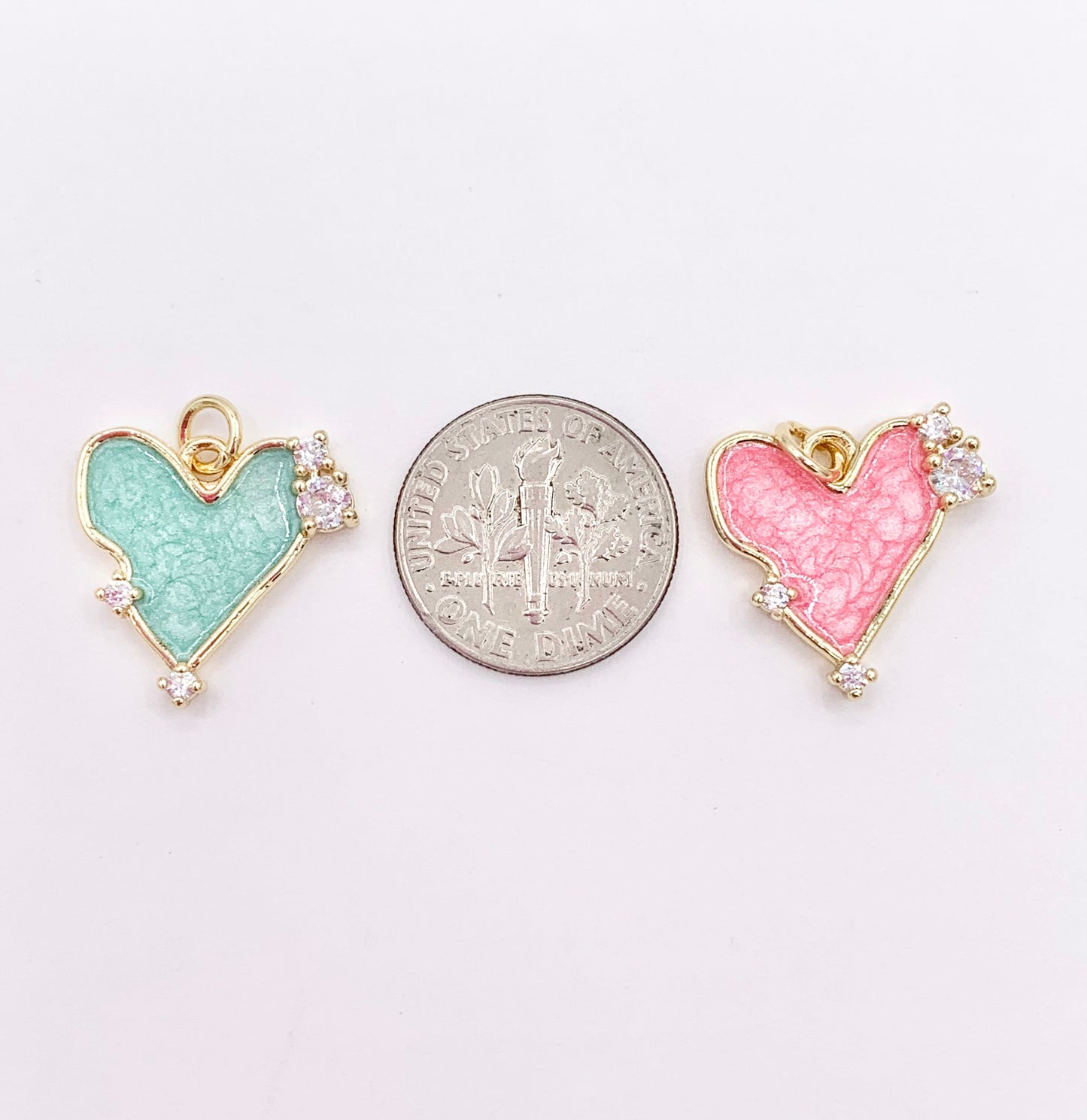Pink/Green Acetate Heart Charm in Real Gold Plated 18K CZ Pave Over Copper 10 PCS
