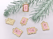 Cargar imagen en el visor de la galería, Pink Enamel Rose Rectangle Bar/Tag Pendant in Real Gold 18K Plated Over Copper 8 PCS