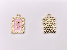 Cargar imagen en el visor de la galería, Pink Enamel Rose Rectangle Bar/Tag Pendant in Real Gold 18K Plated Over Copper 8 PCS