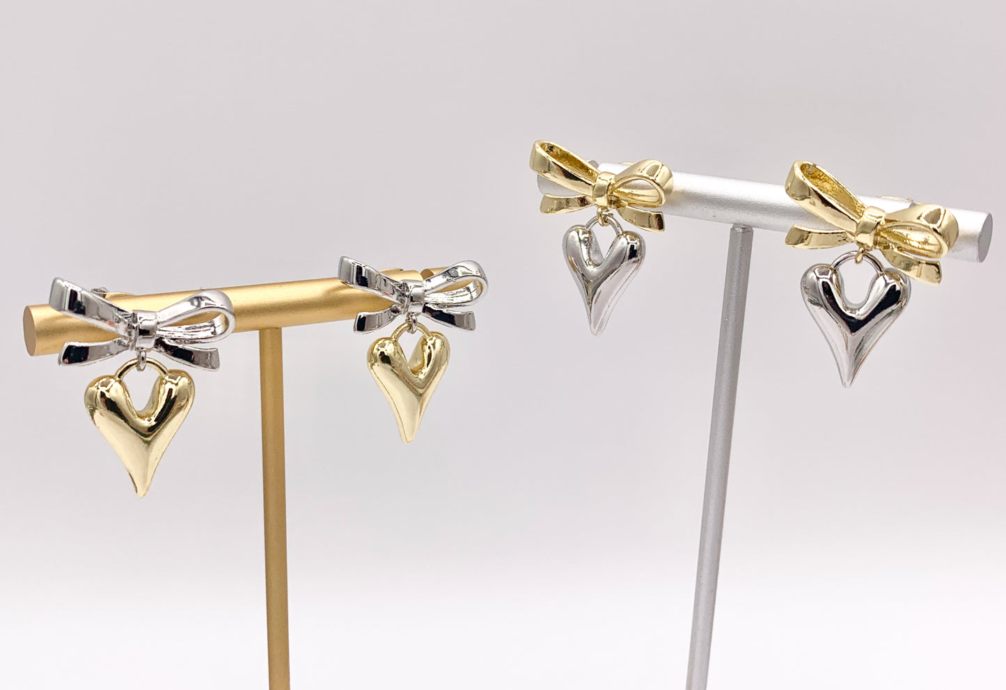 2 Tone Cute Bowtie + Heart Earring Studs in 18K Gold/Platinum Plated Over Copper Earrings 3 PAIRS