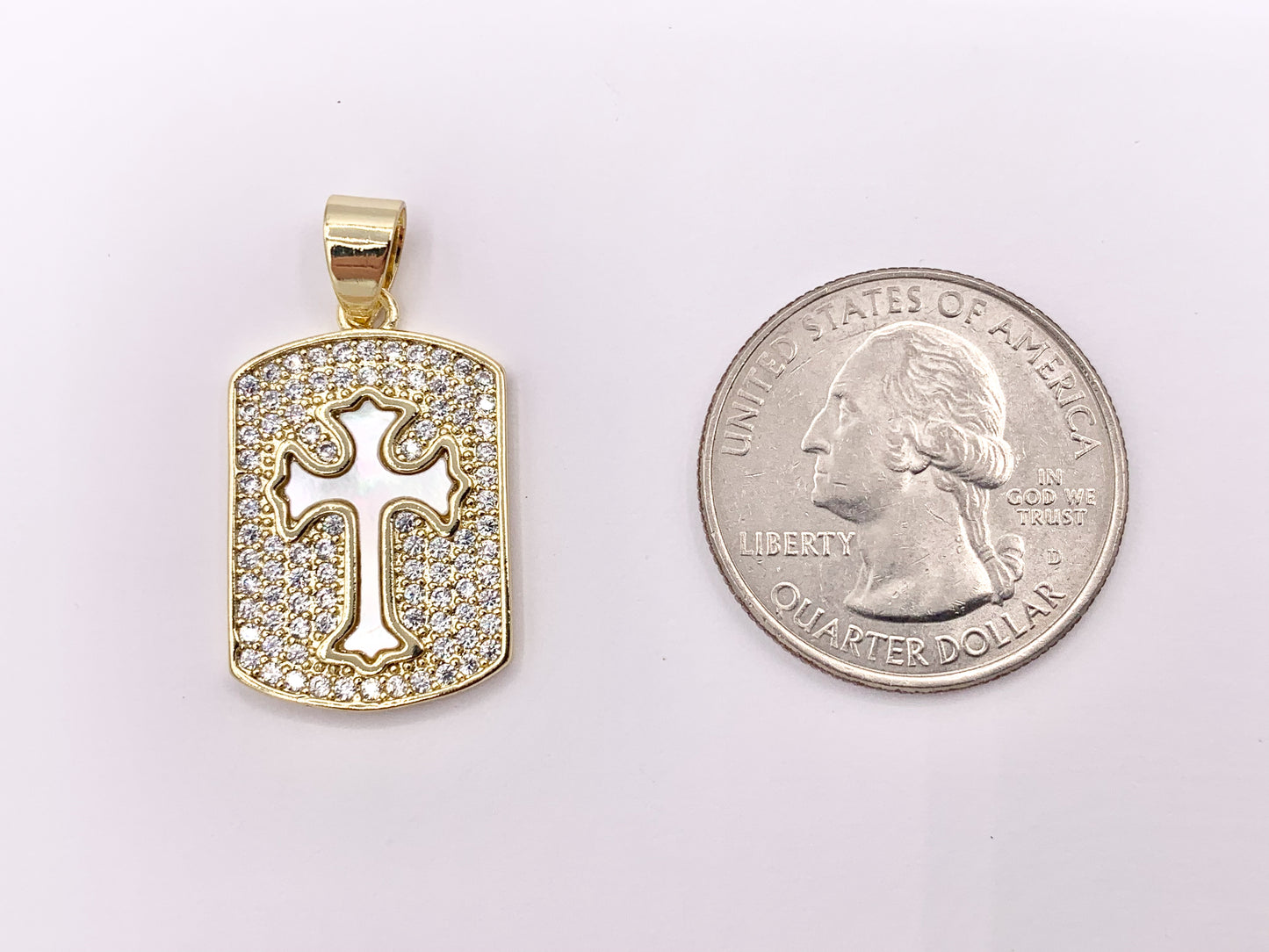 Religious CZ Pave Rectangular Pendants with White Lip Shell Cross in 18K Gold plated over Copper 4 PCS