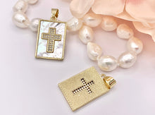 Cargar imagen en el visor de la galería, Religious White Lip Shell Rectangle Pendants with CZ Pave Cross in 18K Gold Plated over Copper 4 PCS