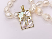 Cargar imagen en el visor de la galería, Religious White Lip Shell Rectangle Pendants with CZ Pave Cross in 18K Gold Plated over Copper 4 PCS
