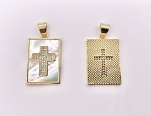 Cargar imagen en el visor de la galería, Religious White Lip Shell Rectangle Pendants with CZ Pave Cross in 18K Gold Plated over Copper 4 PCS