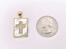 Cargar imagen en el visor de la galería, Religious White Lip Shell Rectangle Pendants with CZ Pave Cross in 18K Gold Plated over Copper 4 PCS