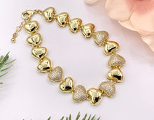 Cargar imagen en el visor de la galería, 7.5" Delicate Cute CZ Pave Puffy Heart Bracelet in 18K Gold Plated Copper 1 PC