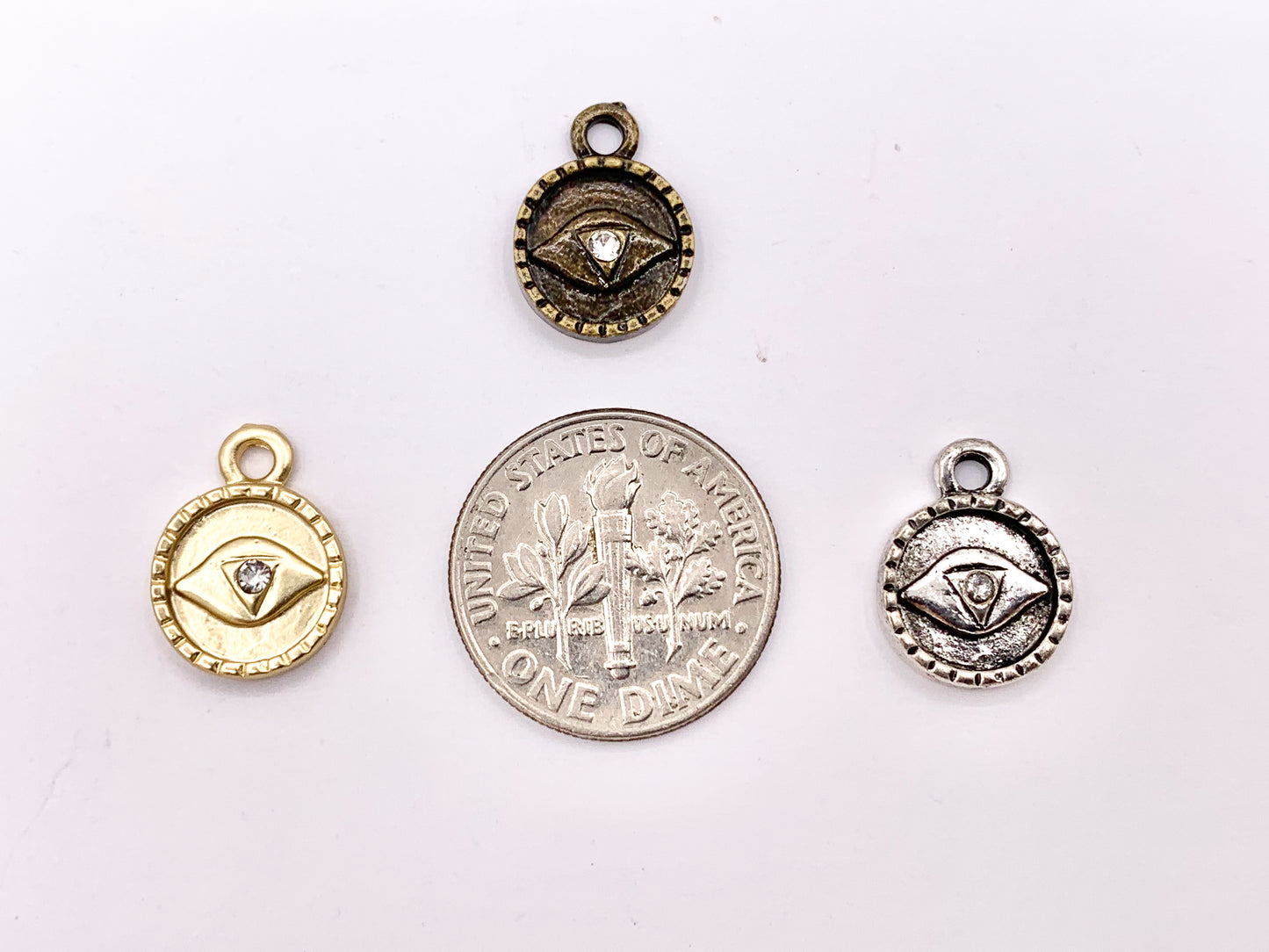10mm Pewter Evil Eye Crystal Circle Pendants Cute Coin One Sided Charms in Matte Gold, Silver, Brass