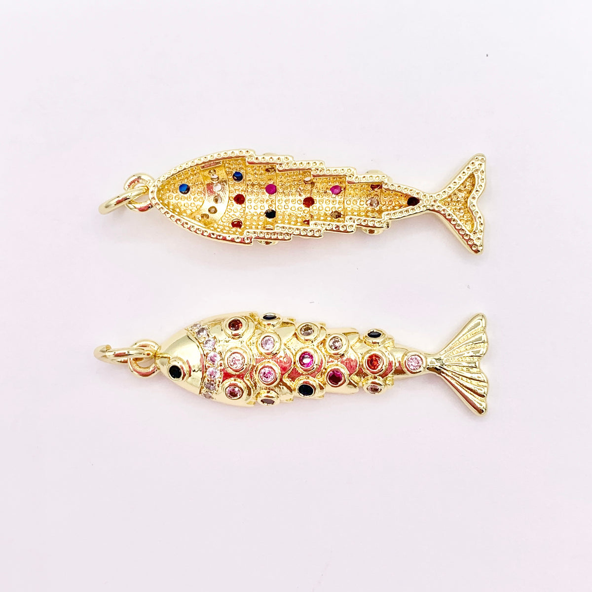 Colorful CZ Pave Fish Charms in 18K Gold Plated Copper Base 6 PCS