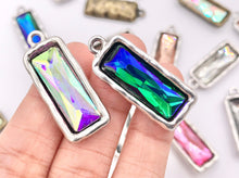 Cargar imagen en el visor de la galería, 13x33mm Pewter Soldered Crystal Skinny Rectangle Silver And Bronze Pendant Available in 9 Colors 6 PCS
