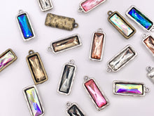 Cargar imagen en el visor de la galería, 13x33mm Pewter Soldered Crystal Skinny Rectangle Silver And Bronze Pendant Available in 9 Colors 6 PCS