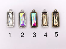 Cargar imagen en el visor de la galería, 13x33mm Pewter Soldered Crystal Skinny Rectangle Silver And Bronze Pendant Available in 9 Colors 6 PCS