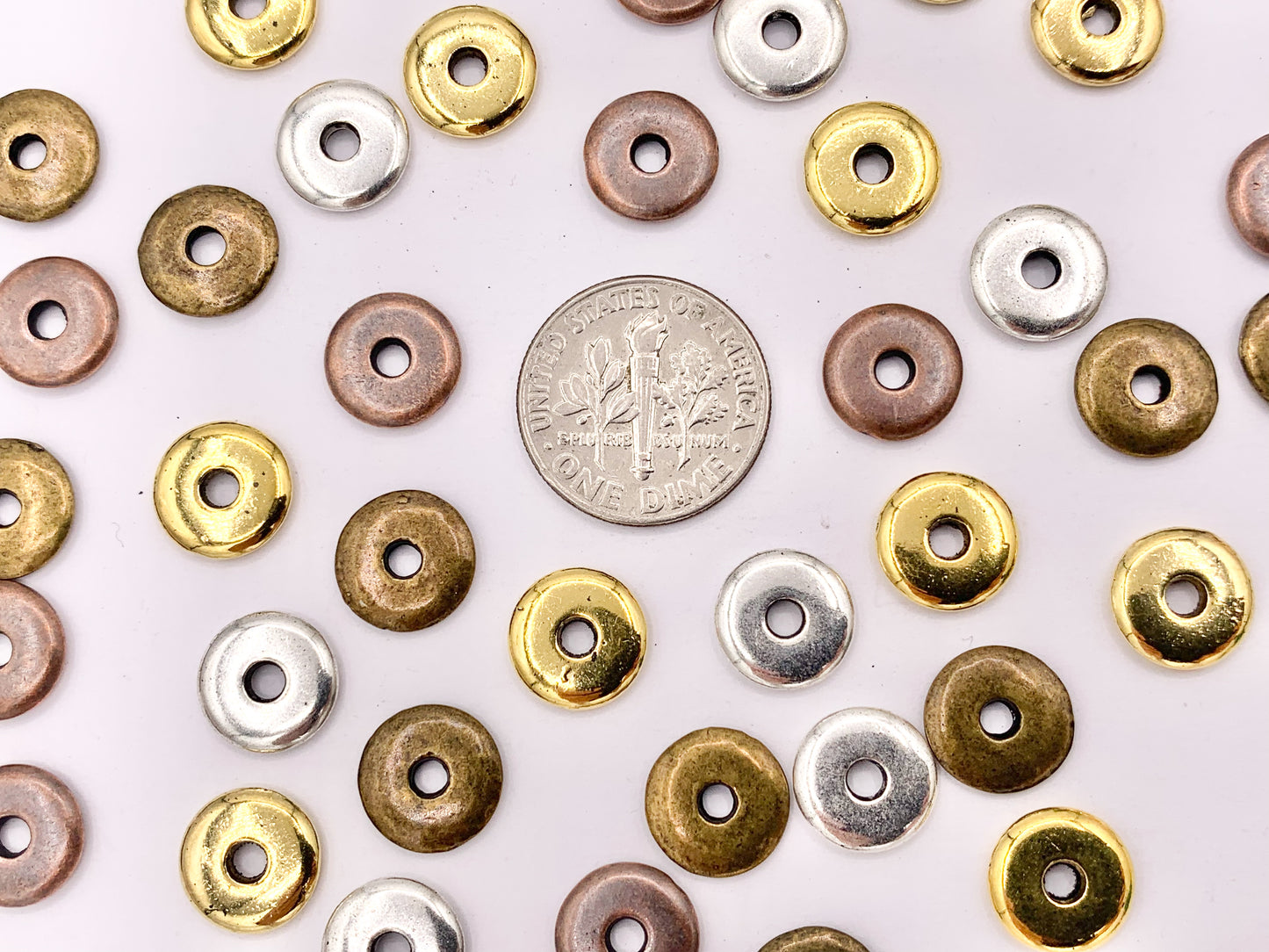 10mm Pewter Thin Disc Spacer Beads in Gold, Silver, Copper and Bronze Color 125g