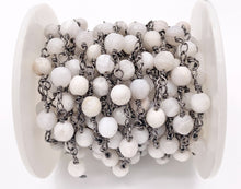 Load image into Gallery viewer, White Lace Agate Round Faceted Rosary Style Beaded Wired Chain With Gunmetal Wire By Spool 4mm 6mm 8mm