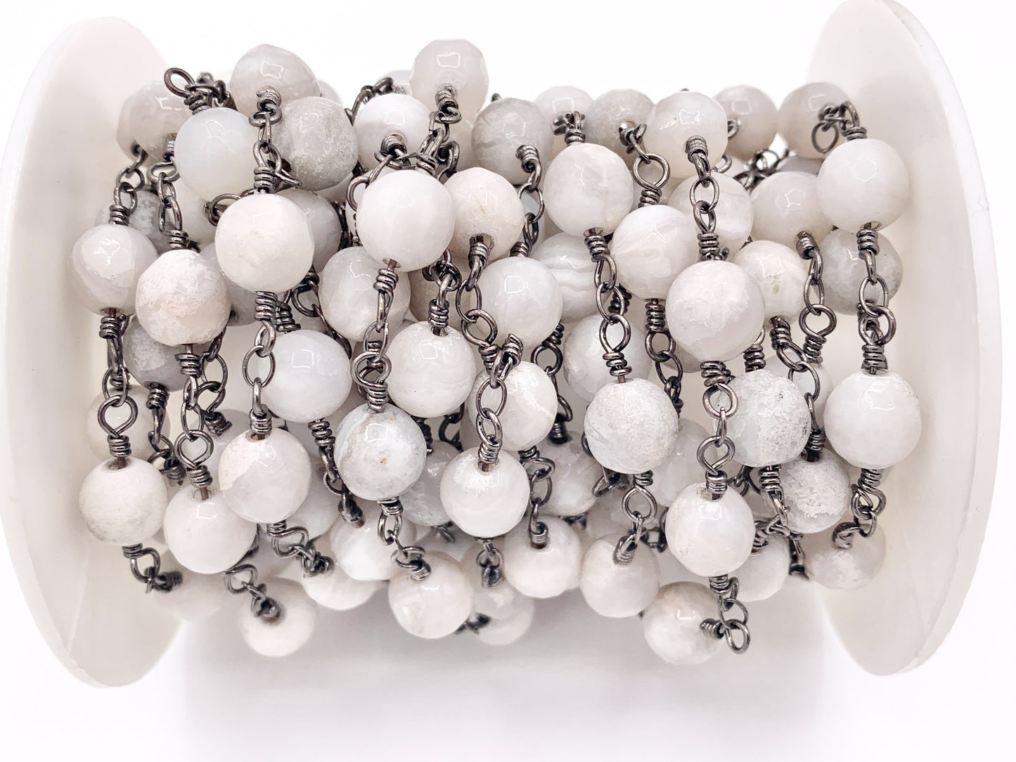White Lace Agate Round Faceted Rosary Style Beaded Wired Chain With Gunmetal Wire By Spool 4mm 6mm 8mm