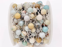 Load image into Gallery viewer, Amazonite Round Smooth Rosary Style Beaded Wired Chain With Silver Wire By Spool 4mm 6mm 8mm 10mm