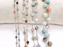 Load image into Gallery viewer, Amazonite Round Smooth Rosary Style Beaded Wired Chain With Silver Wire By Spool 4mm 6mm 8mm 10mm