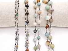 Load image into Gallery viewer, Amazonite Round Smooth Rosary Style Beaded Wired Chain With Gunmetal Wire By Spool 4mm 6mm 8mm 10mm