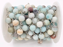 Load image into Gallery viewer, Matte Amazonite Round Smooth Rosary Style Beaded Wired Chain With Silver Wire By Spool 4mm 6mm 8mm 10mm