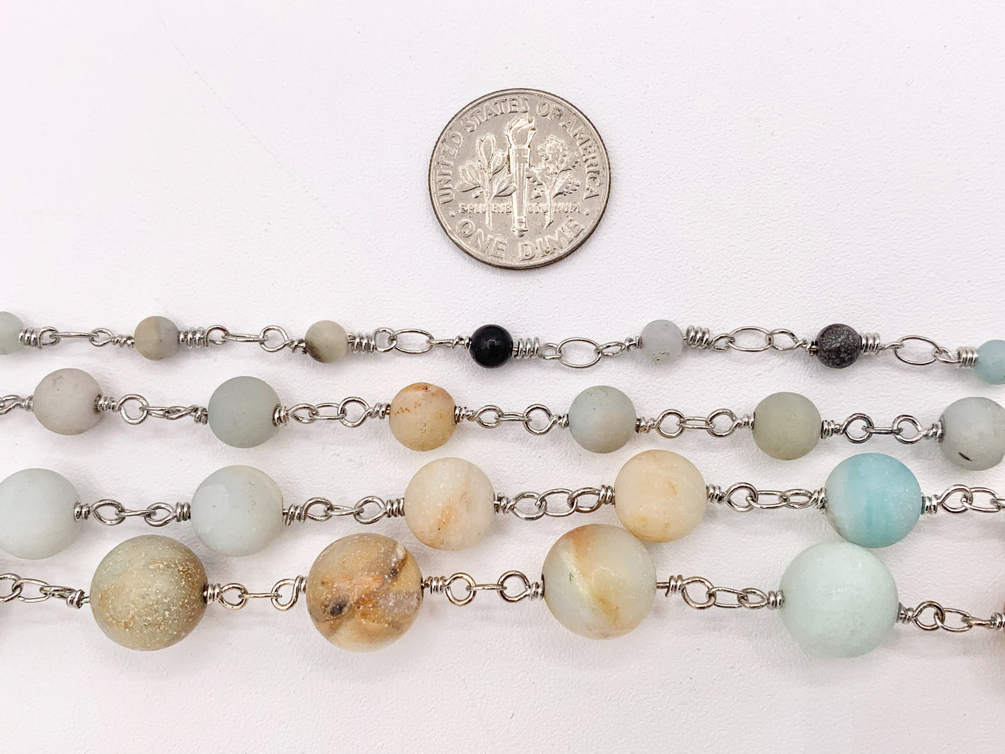 Matte Amazonite Round Smooth Rosary Style Beaded Wired Chain With Silver Wire By Spool 4mm 6mm 8mm 10mm