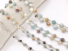 Load image into Gallery viewer, Matte Amazonite Round Smooth Rosary Style Beaded Wired Chain With Silver Wire By Spool 4mm 6mm 8mm 10mm