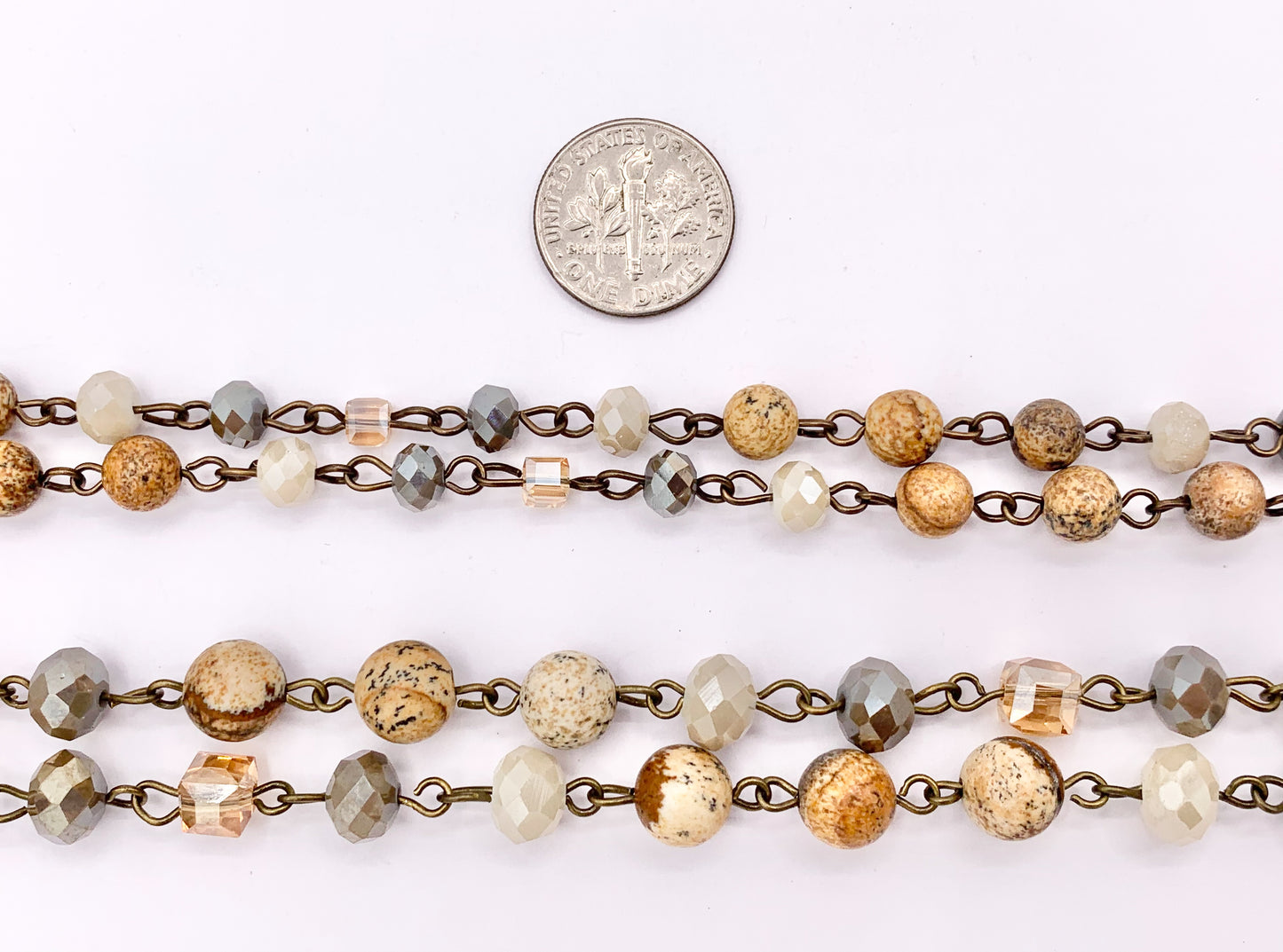 Picture Jasper Round Smooth + Crystal Rosary Style Beaded Chain With Brass Wire By Spool 4mm 6mm 8mm