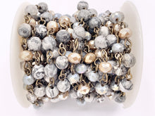 Load image into Gallery viewer, Silver Crazy Lace Agate Round Faceted + Crystal Rosary Style Beaded Chain With Brass Wire By Spool 4mm 6mm 8mm