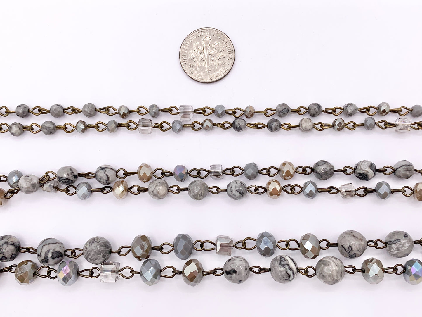 Silver Crazy Lace Agate Round Faceted + Crystal Rosary Style Beaded Chain With Brass Wire By Spool 4mm 6mm 8mm