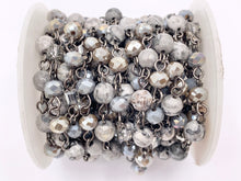 Cargar imagen en el visor de la galería, Silver Crazy Lace Agate Round Faceted + Crystal Rosary Style Beaded Chain With Gunmetal Wire By Spool 4mm 6mm 8mm