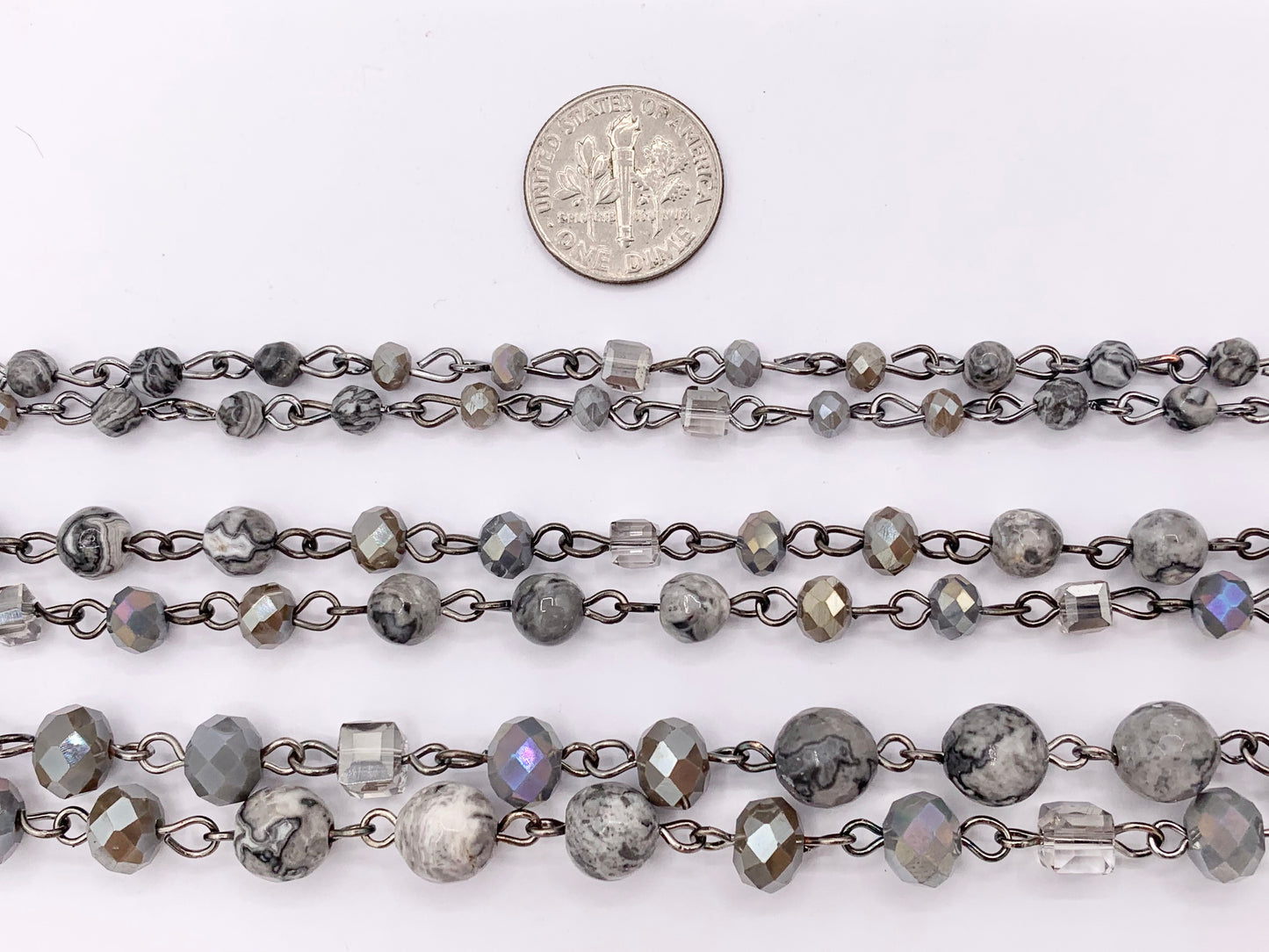 Silver Crazy Lace Agate Round Faceted + Crystal Rosary Style Beaded Chain With Gunmetal Wire By Spool 4mm 6mm 8mm