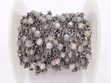 Load image into Gallery viewer, Labradorite Round Faceted Rosary Style Beaded Wired Chain With Gunmetal Wire By Spool 4mm 6mm 8mm
