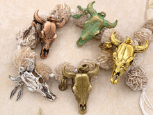 Load image into Gallery viewer, 38x51mm/1.5x2 inches Pewter Steer Head With Dangle Feather Pendants Native American Indian Bull Head in Gold, Silver, Copper, Brass, Patina 6 PCS