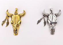 Load image into Gallery viewer, 38x51mm/1.5x2 inches Pewter Steer Head With Dangle Feather Pendants Native American Indian Bull Head in Gold, Silver, Copper, Brass, Patina 6 PCS
