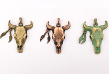 Load image into Gallery viewer, 38x51mm/1.5x2 inches Pewter Steer Head With Dangle Feather Pendants Native American Indian Bull Head in Gold, Silver, Copper, Brass, Patina 6 PCS