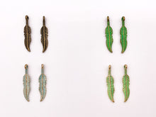 Load image into Gallery viewer, 6x29mm Pewter Small Feather Charms Native American Indian Style Bulk Order in Rosy Gold, Antique Gold, Copper, Brass, Gunmetal And Patina