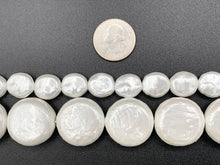 Cargar imagen en el visor de la galería, 14mm & 26mm White Textured Shell Pearl Coin Beads Pearl Powder Coated Shell Beads Around 16" (1 Strand)