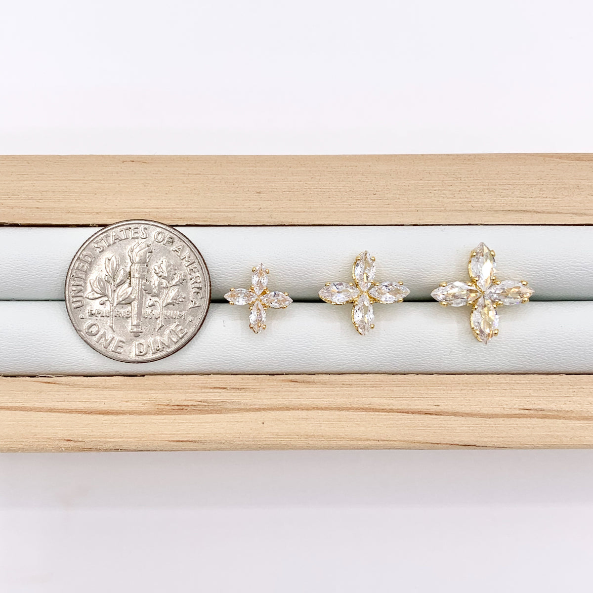 1 Set of 3 Sizes Dainty Cross Studs in CZ Pave 18K Gold Plated Over Copper Earrings 3 Pairs