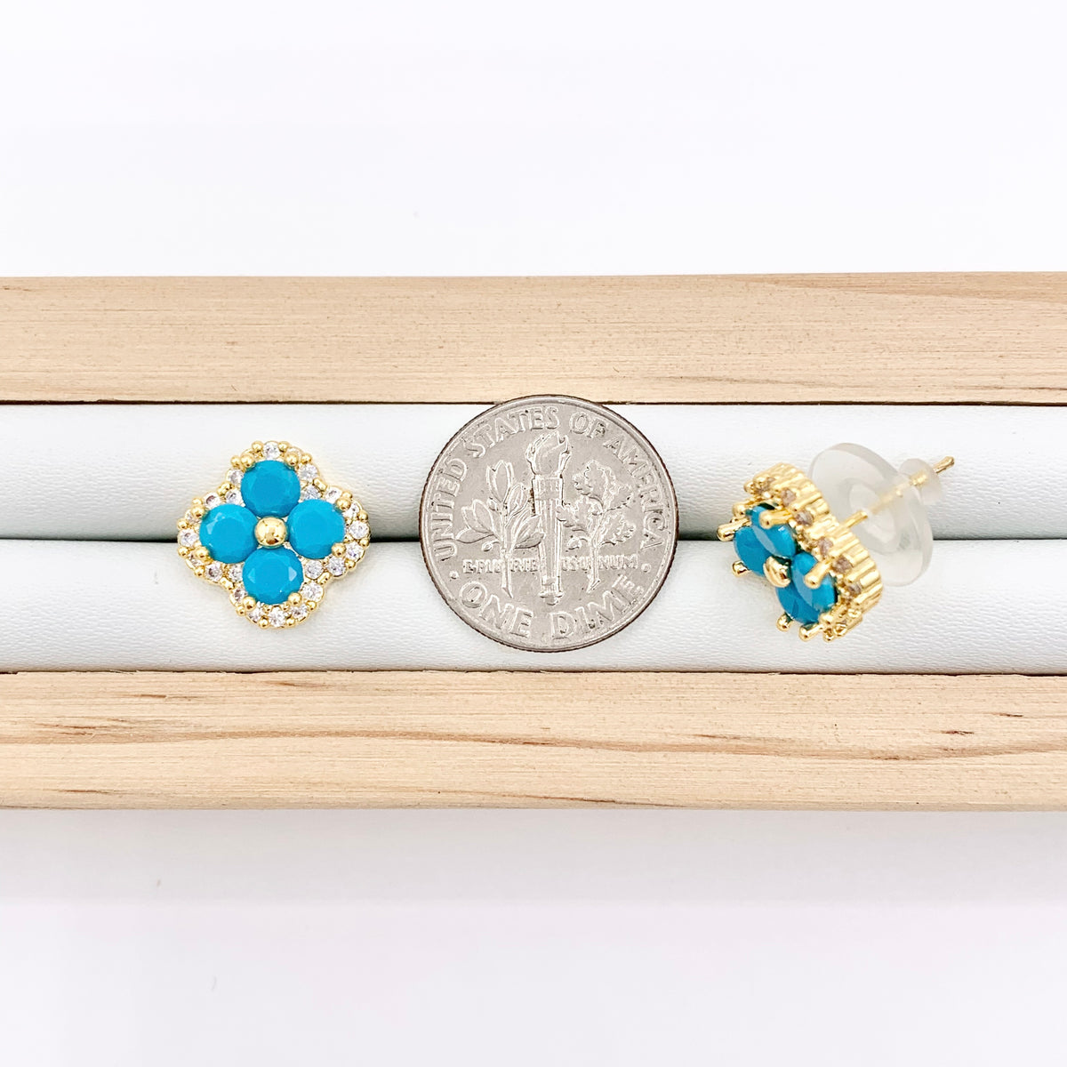 Turquoise Quatrefoil Earring Studs in Real 18K Gold Plated CZ Pave Over Copper 4 PAIRS