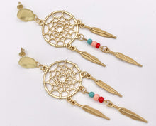 Load image into Gallery viewer, Matte Gold Dream Catcher Earrings with Seed Beads Boho Style Large Pewter Earrings 3 PAIRS