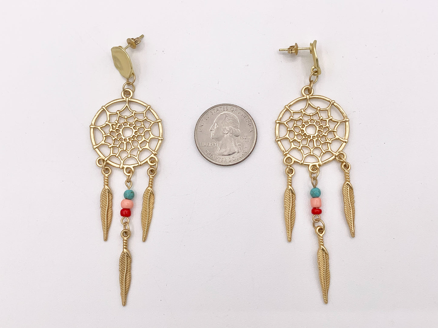 Matte Gold Dream Catcher Earrings with Seed Beads Boho Style Large Pewter Earrings 3 PAIRS