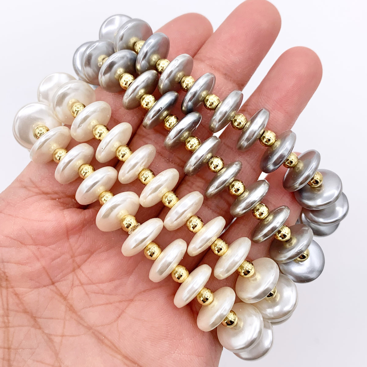Coin Shape Shell Pearl & 18K Gold Plated Hematite Stretchy Bracelet 1 piece 6-6.25"