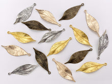 Load image into Gallery viewer, 16x49mm Pewter Carved Wavy Thin Leaf Pendants Bulk Order in Gold, Rosy Gold, Silver, Brass 125g