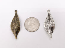 Load image into Gallery viewer, 16x49mm Pewter Carved Wavy Thin Leaf Pendants Bulk Order in Gold, Rosy Gold, Silver, Brass 125g