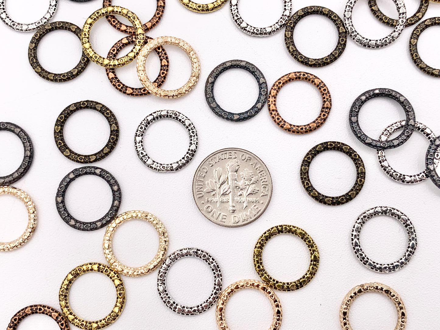 14mm Pewter Textured Heart Carved Circle Ring Pendants Bulk Order in Gold, Rosy Gold, Silver, Brass, Copper, Gunmetal