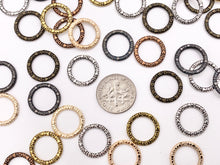 Load image into Gallery viewer, 14mm Pewter Textured Heart Carved Circle Ring Pendants Bulk Order in Gold, Rosy Gold, Silver, Brass, Copper, Gunmetal