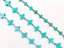 Load image into Gallery viewer, Vintage Turquoise Howlite Cross Rosary Style Beaded Chain With Brass and Silver Wire 1 Spool 8mm 14mm