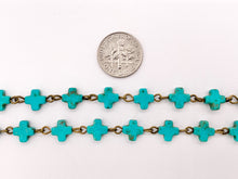 Load image into Gallery viewer, Vintage Turquoise Howlite Cross Rosary Style Beaded Chain With Brass and Silver Wire 1 Spool 8mm 14mm