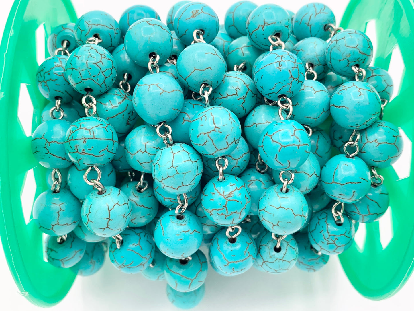 Vintage Turquoise Howlite Round Smooth Rosary Style Beaded Chain With Brass And Silver Wire 1 Spool 4mm 6mm 8mm 10mm 12mm