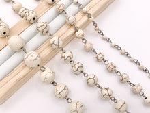 Load image into Gallery viewer, Vintage White Howlite Round Smooth Rosary Style Beaded Chain With Silver Wire 1 Spool 4mm 6mm 8mm 10mm 12mm