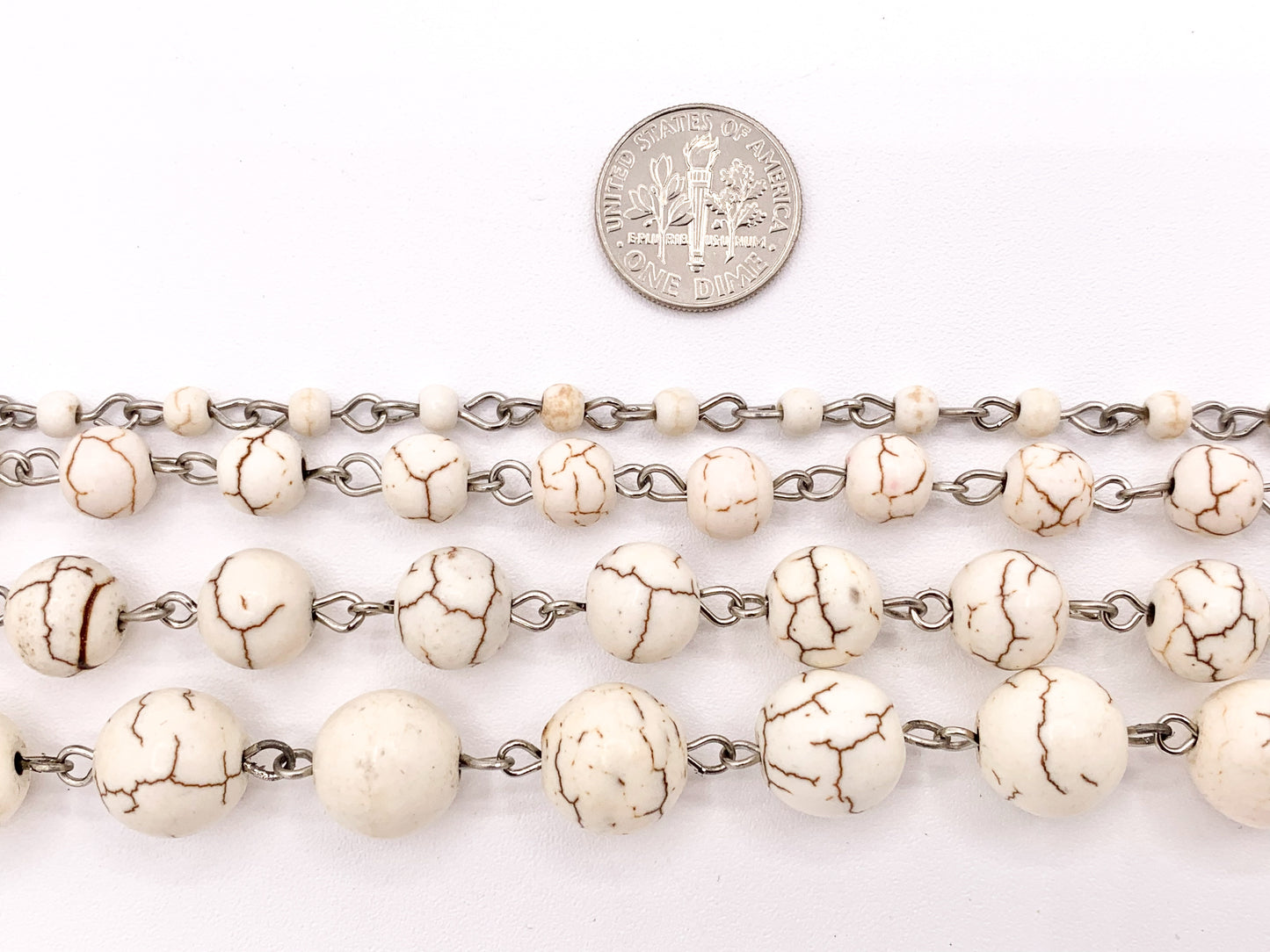 Vintage White Howlite Round Smooth Rosary Style Beaded Chain With Silver Wire 1 Spool 4mm 6mm 8mm 10mm 12mm